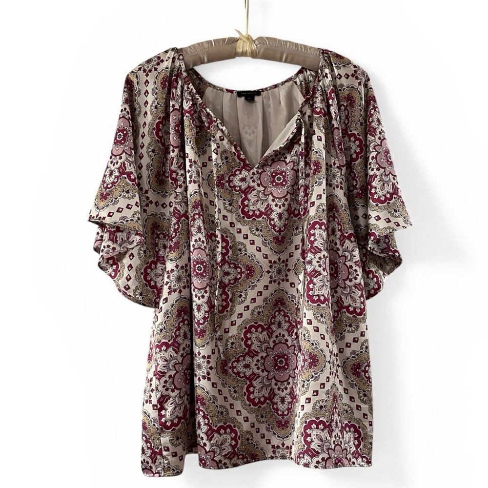 Ann Taylor Tile Flounce Boho Popover Blouse Lined V-neck